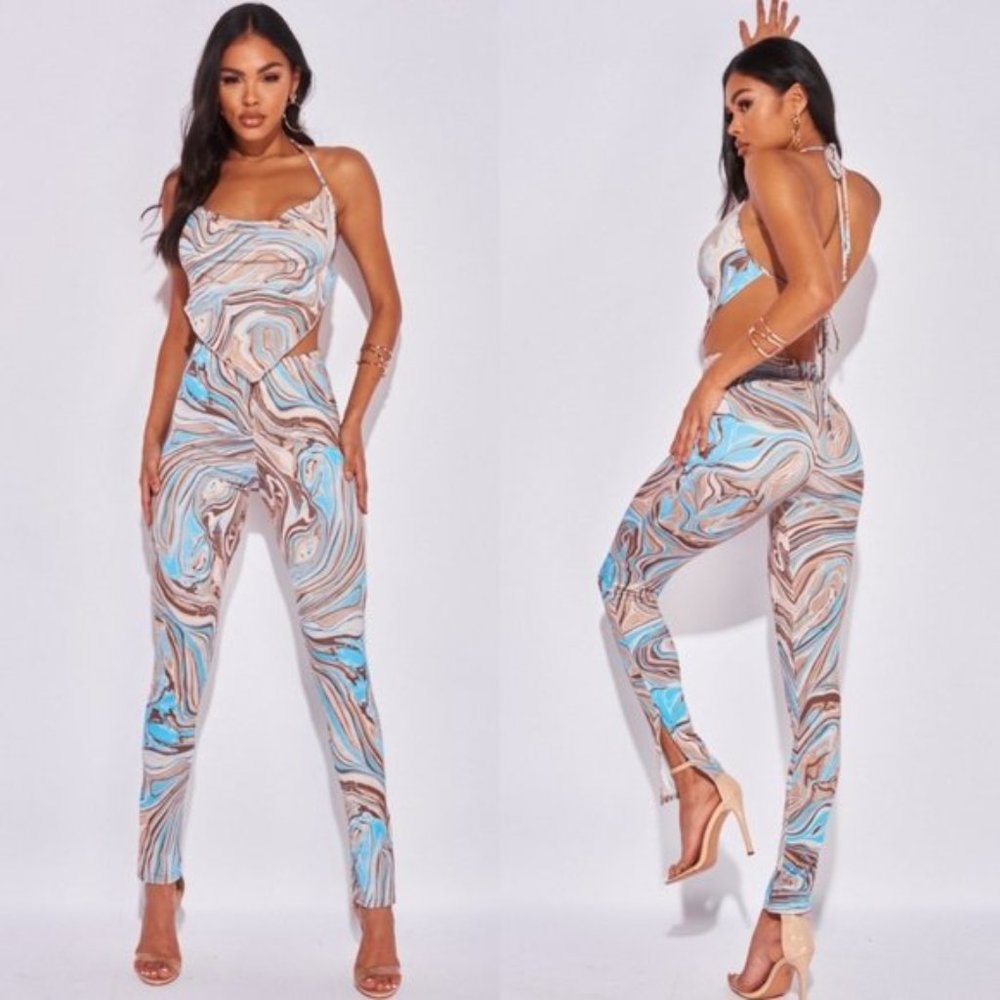 Blue Marble Print Sleeveless Backless Top and High Waist Leggings Two Piece Set
